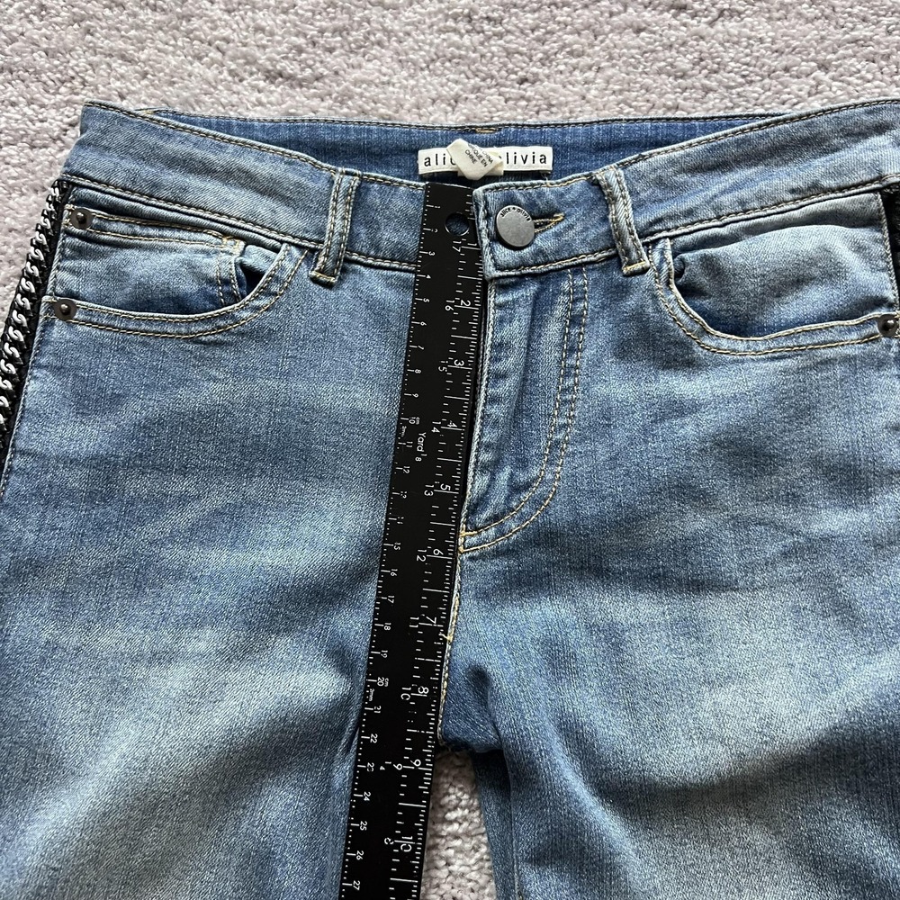 Alice + Olivia Chain Studded Side Stripe Slim Jeans Womens 27 Blue Mid Rise - Picture 12 of 16